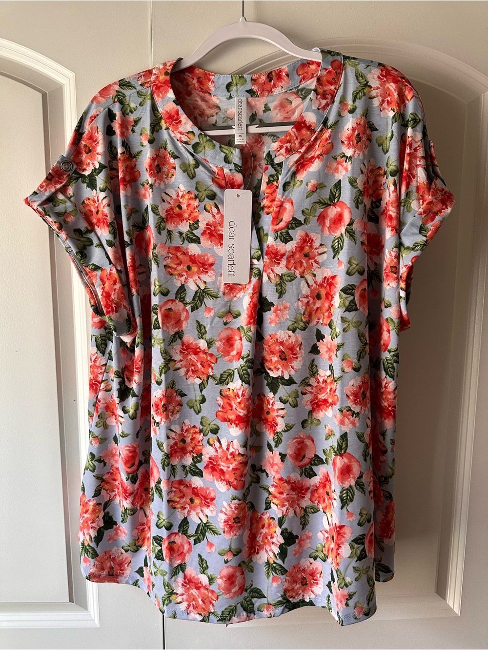Dear Scarlett Coral Floral Short Sleeve Blouse in Light Blue
